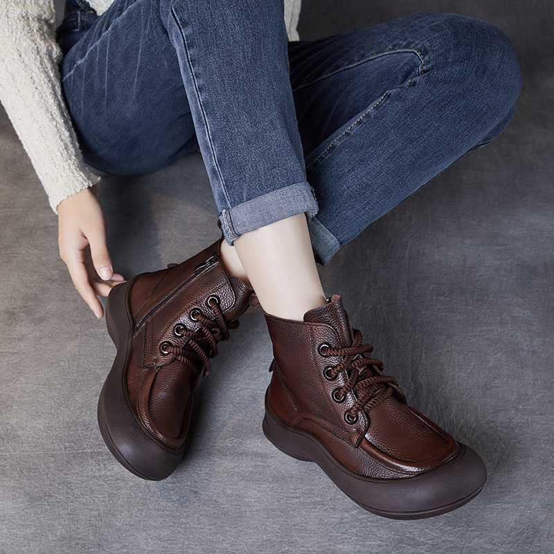 Women's Leather Platform Boots – Comfortable Casual Lace-Up Ankle Shoes
