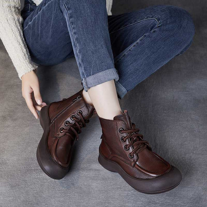 Women's Leather Platform Boots – Comfortable Casual Lace-Up Ankle Shoes