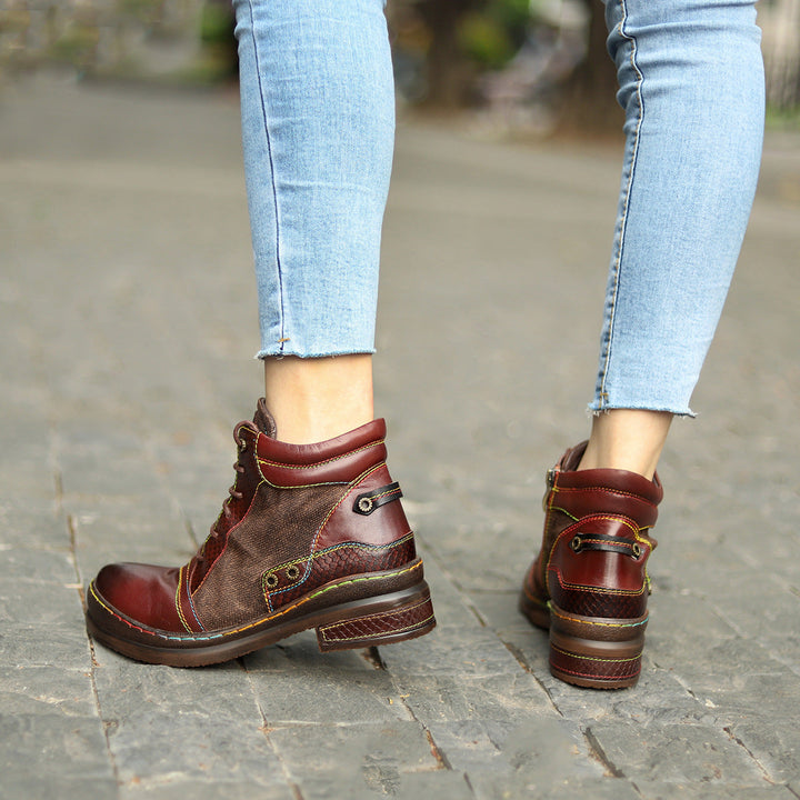 Women's Leather Ankle Boots - Contrast Stitching Flat Lace-up Zipper Boots