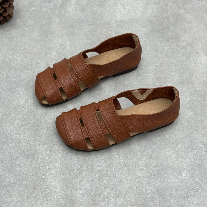 Women's Leather Hollow-Out Fisherman Sandals Casual Summer Retro Square Toe Shoes
