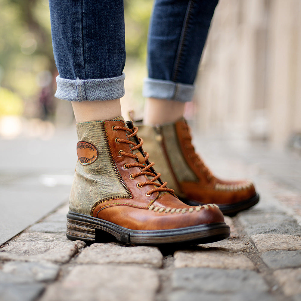 Women's Vintage Distressed Denim Sheepskin Ankle Boots Side Zipper Lace Up Combat Booties