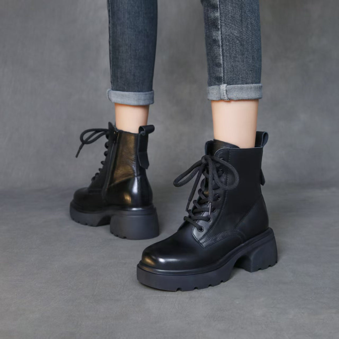 Women's Top-Grain Leather Ankle Boots Chunky Platform Block Heel Combat Booties