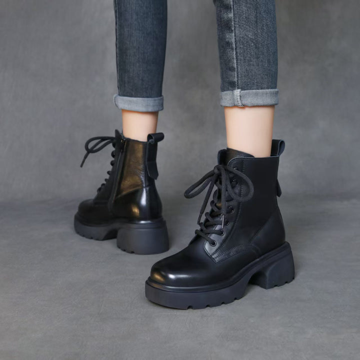 Women's Top-Grain Leather Ankle Boots Chunky Platform Block Heel Combat Booties