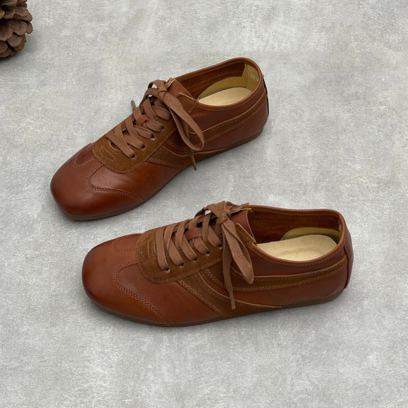 Women’s Vintage Distressed Leather Trainers – Retro Lace-Up Flats