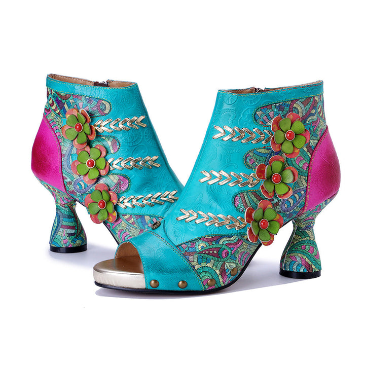 Bohemian Floral Sheepskin Booties for Women - Peep Toe Summer Sandals