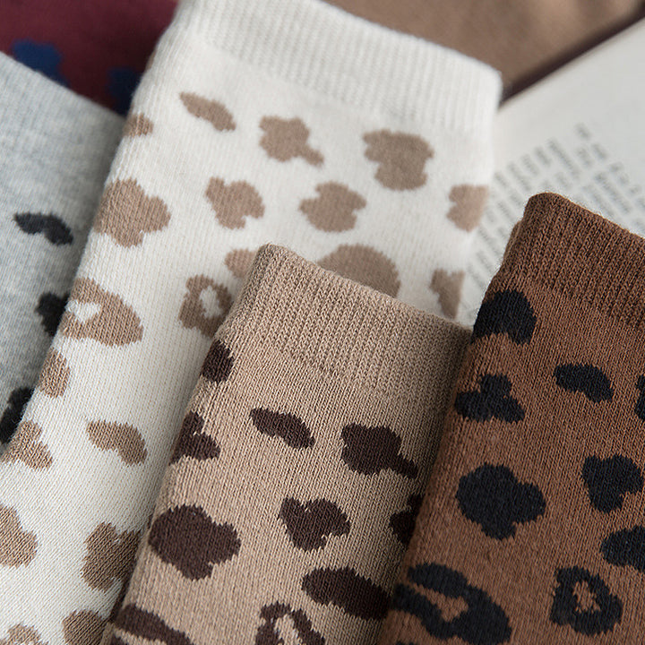 3 Pcs Spotted Leopard Print Socks Cotton Thickened Warm Women's Socks