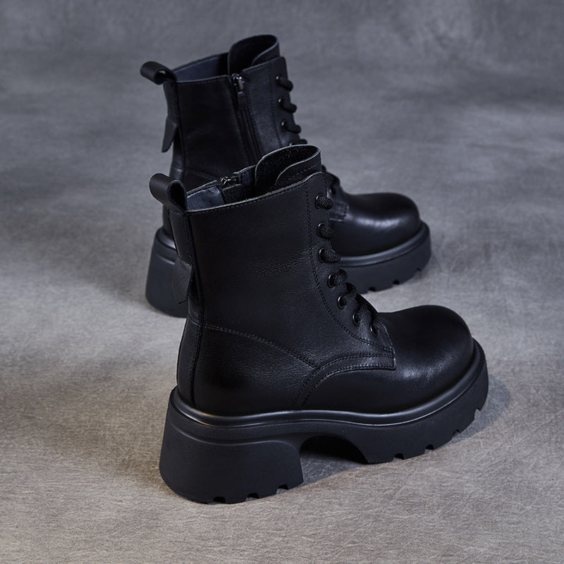 Women's Casual Genuine Leather Platform Boots – Chunky Heel & Side Zip