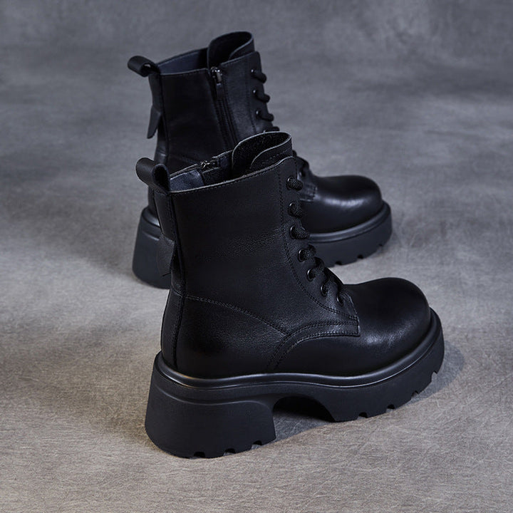 Women's Casual Genuine Leather Platform Boots – Chunky Heel & Side Zip