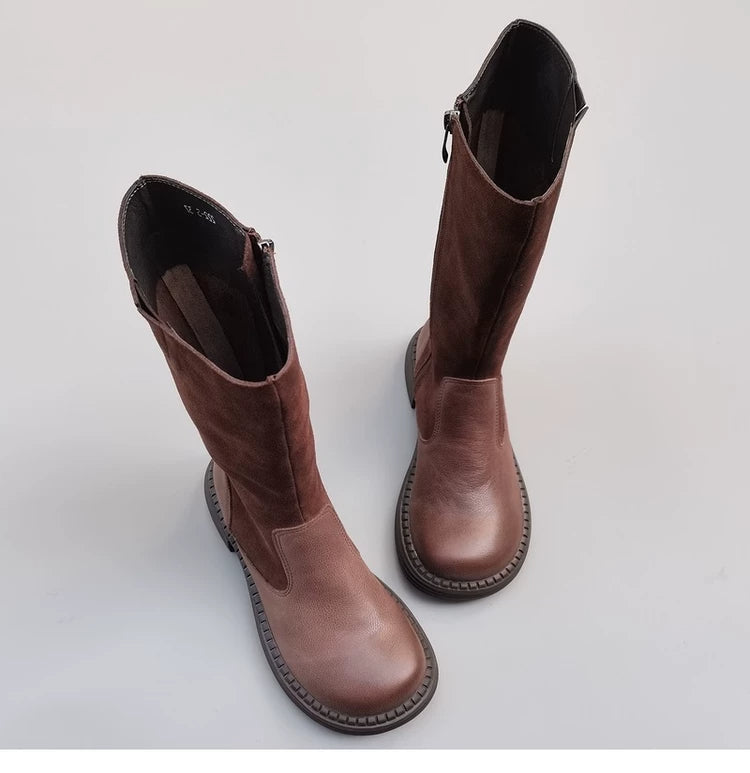 Women's Wide Toe Box Vintage Leather Suede Patchwork Knee-High Boots Wide Fit Flat Riding Boots