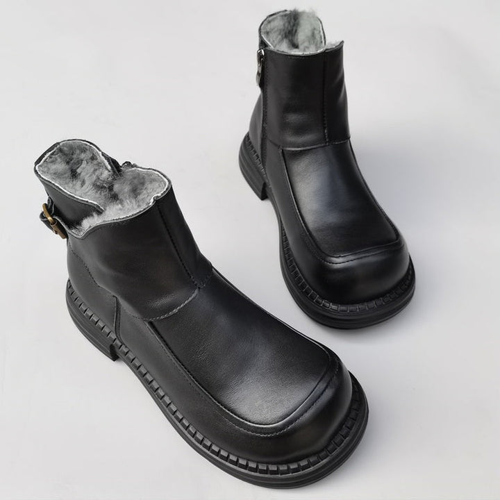 Women's Vintage Wide Toe Leather Derby Boots – Shearling Lined Winter Ankle Boots