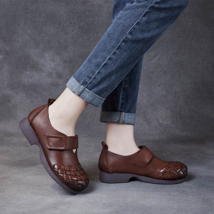 Women's Woven Leather Wide Toe Low Heel Velcro Casual Shoes