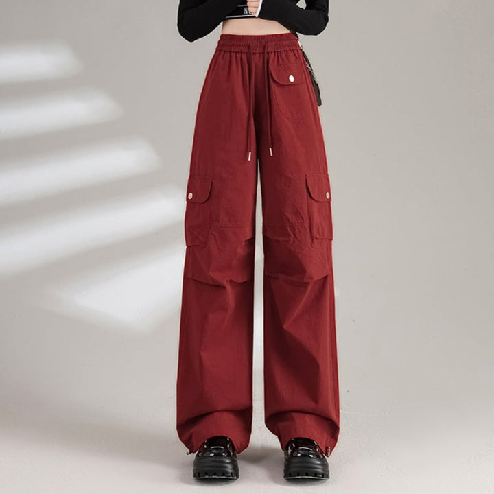 Womens Cotton Drawstring Waist Wide Leg Cargo Pants