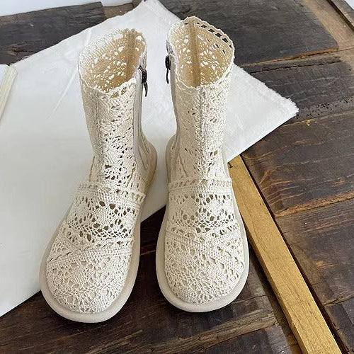 Women's Summer Literary Style Lace Side Zipper Wide Toe Box Short Boots