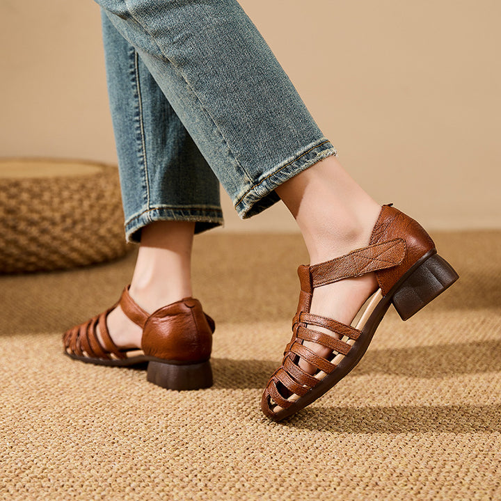 Women's Low Block Heel Fisherman Sandals Velcro Retro Gladiator Woven Strappy Shoes