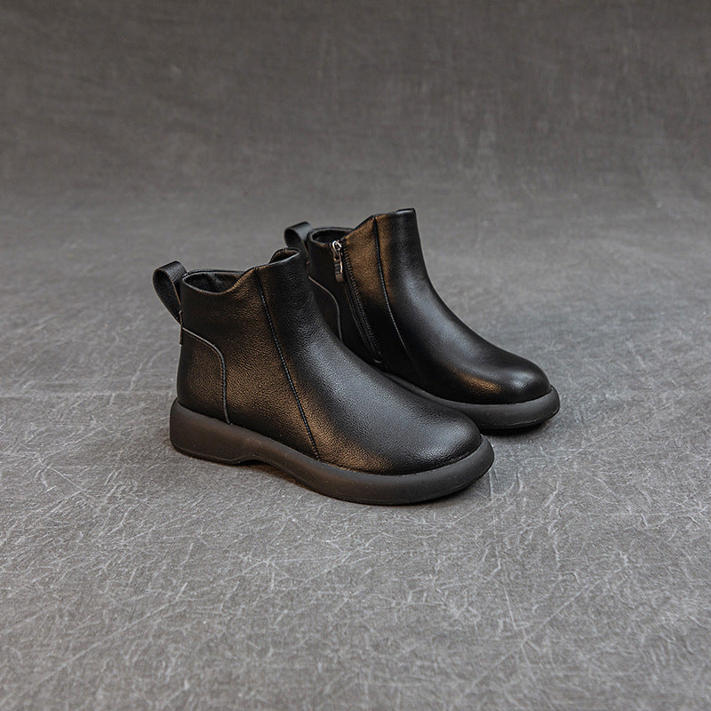 Women's Comfortable Leather Ankle Boots – Low Heel with Side Zipper