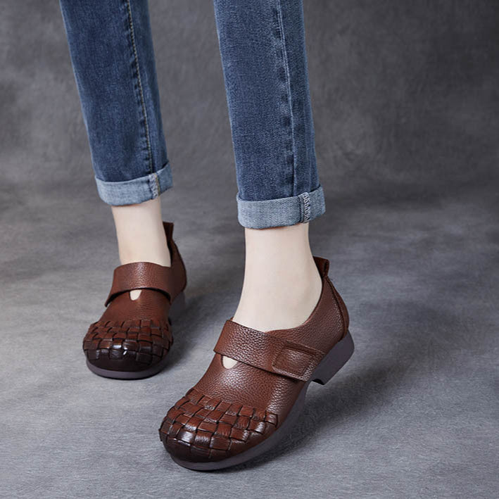 Women's Woven Leather Wide Toe Low Heel Velcro Casual Shoes