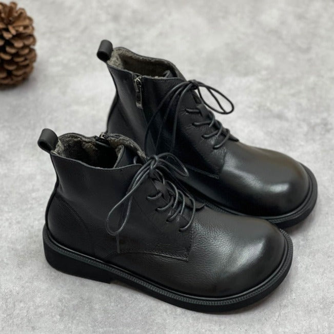 Womens Genuine Leather Ankle Boots Wide Toe Box Lace up Flat Boots