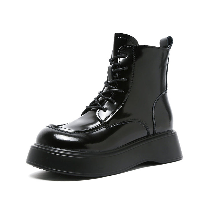 Women's Square Toe Lace-Up Thick Sole Patent Leather Combat Boots