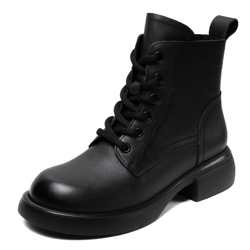Women's Genuine Leather Lace-Up Side Zip Ankle Boots – Casual & Versatile