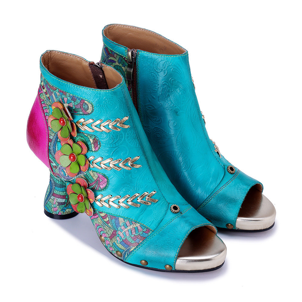 Bohemian Floral Sheepskin Booties for Women - Peep Toe Summer Sandals