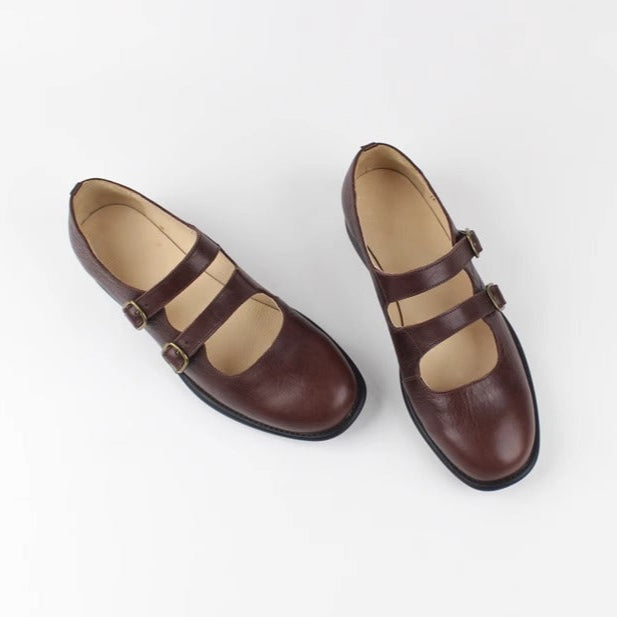 Women's Handmade Leather Classic British Style Double Buckle Mary Jane Shoes