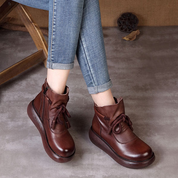 Women's Leather Ankle Boots - Platform Chunky Heel  Booties, Zipper Lace-up Fall Winter Shoes