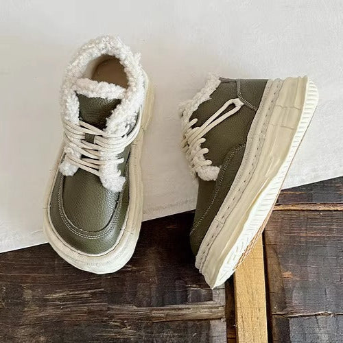 Women's Winter Chunky Leather Lace-Up Shoes – Fleece-Lined & Ugly-Cute Design