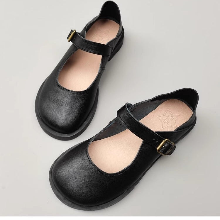 Wide Toe Box Daily Cute Genuine Leather Mary Jane Round Toe Flat Uniform Shoes