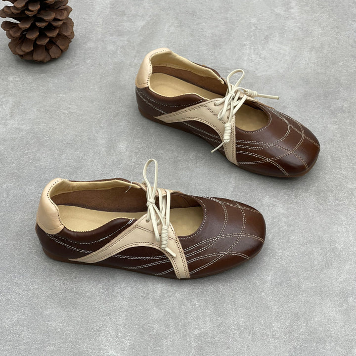Womens Retro Leather Lace-up Mary Jane Flats Vintage Casual Walking Shoes