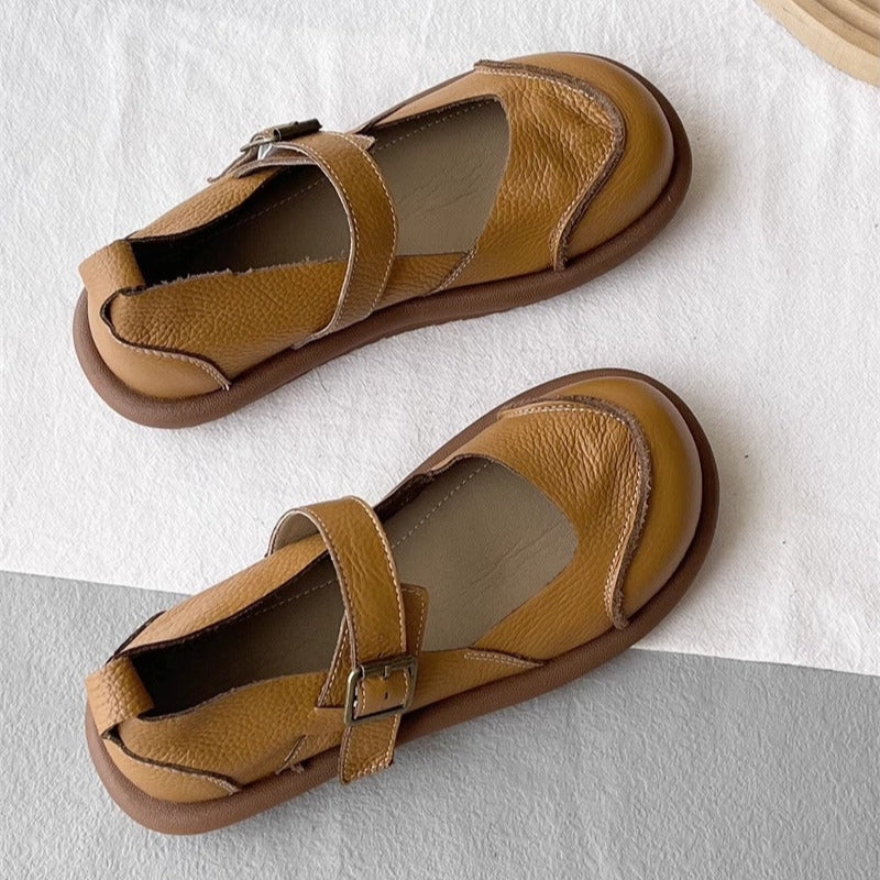 Women's Soft Leather Casual Flat Mary Jane Shoes with Buckle