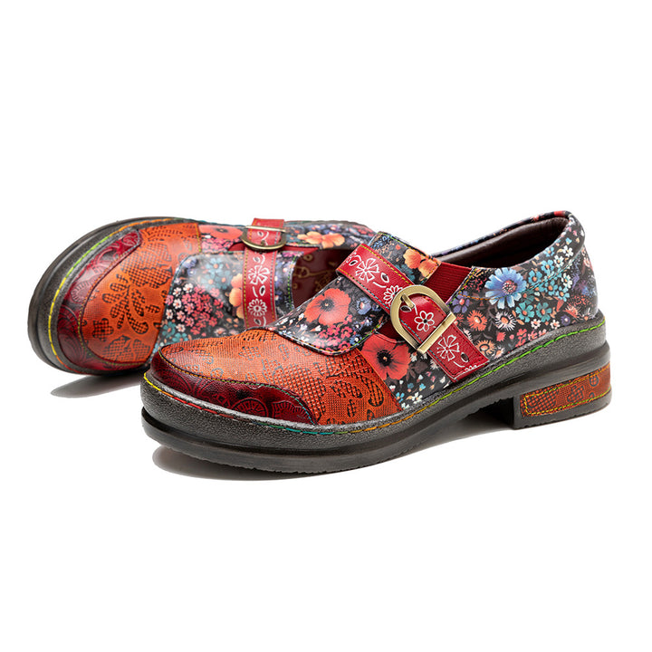 Leather Colorful Flower Patchwork Flat Vintage Boho Brogues Women's Shoes