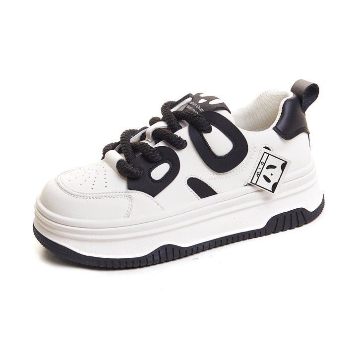 Womens Leather Cute Platform Panda Lace Up Sneakers