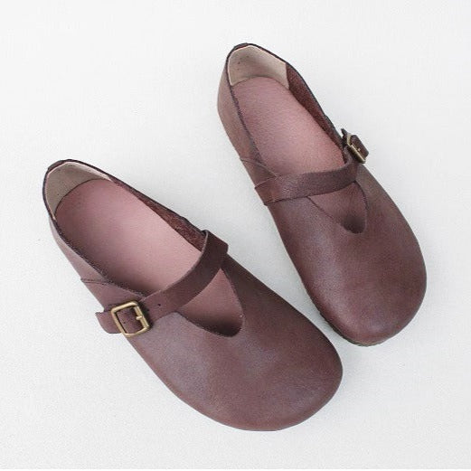 Women's Handmade Breathable Leather Flats – V-cut Mary Jane Shoes