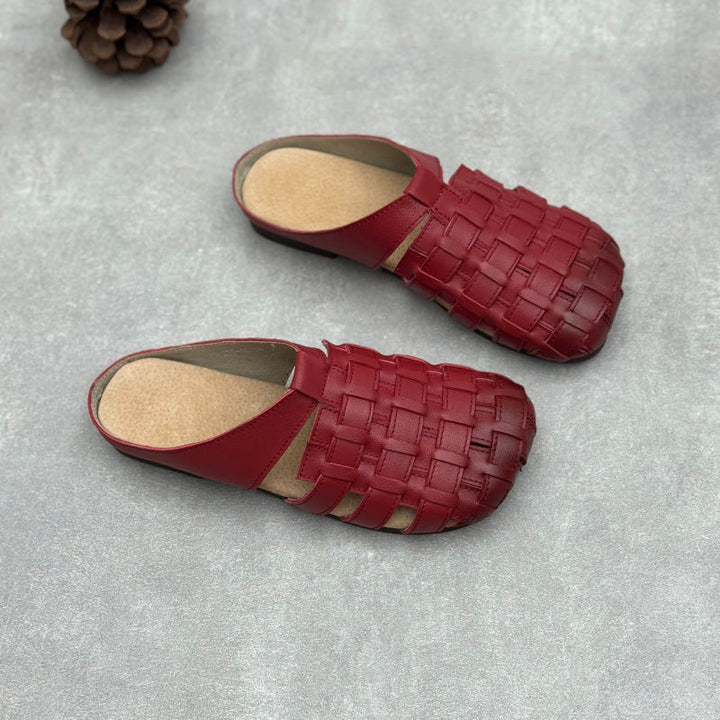 Women's Artisanal Square Toe Leather Woven Mules - Lightweight Unlined Flats