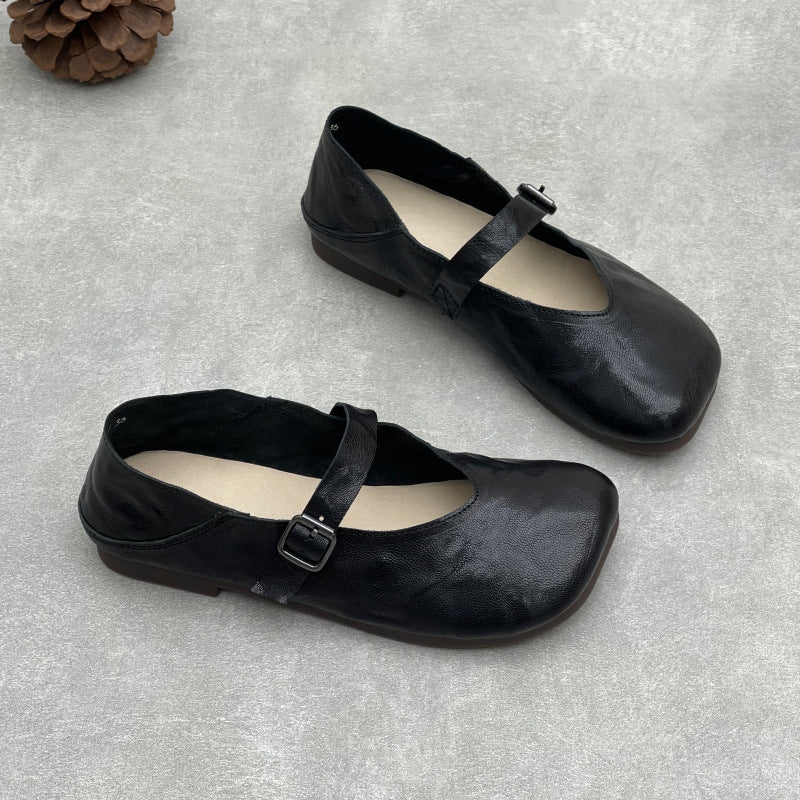 Women’s Handmade Sheepskin Mary Jane Flats – Square Toe V-Cut Comfortable Shoes