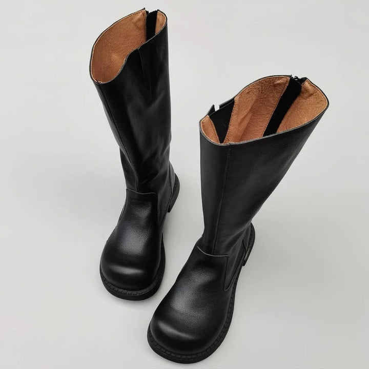 Wide-toe Box Handmade Genuine Leather Women's Mid Calf Boots Black Zipper