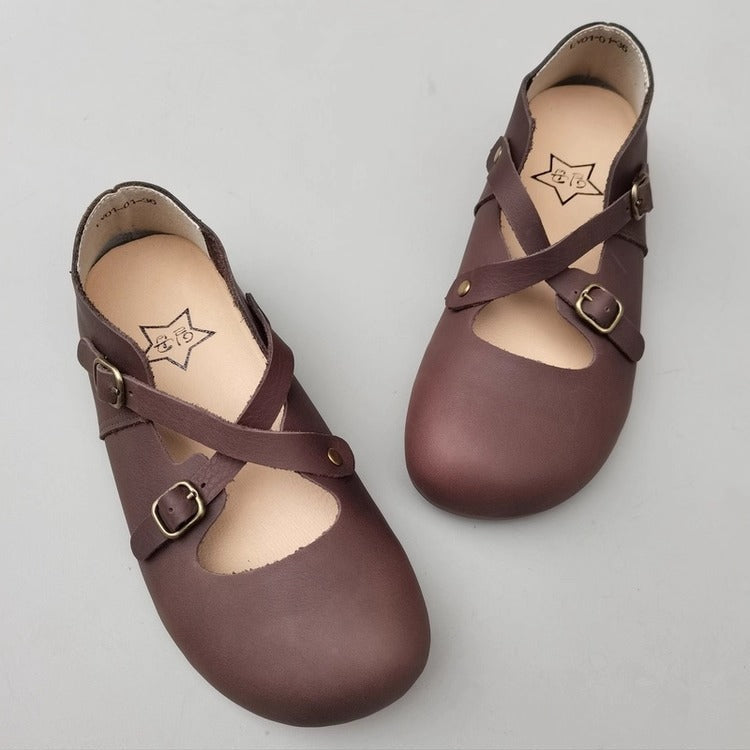 Women's Vintage Handmade Leather Shoes – Cross Strap, Buckle & Soft Sole
