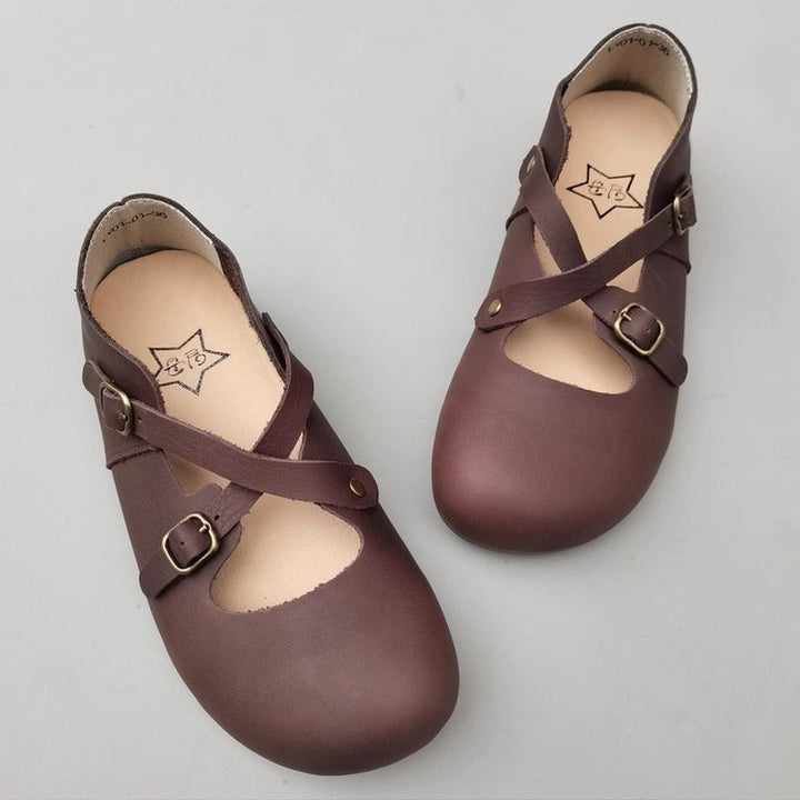 Women's Vintage Handmade Leather Shoes – Cross Strap, Buckle & Soft Sole