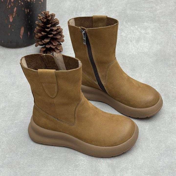 Women's Top-Grain Leather Mid Calf Boots Side Zipper Platform Casual Wedge Booties