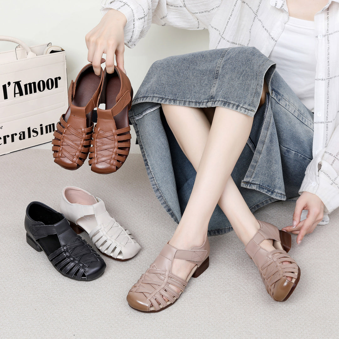 Women's Leather Fisherman Sandals - Vintage Interlocking Woven Closed Round Toe with Velcro