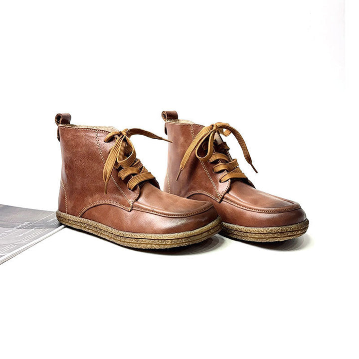 Women's Vintage Leather Ankle Booties Soft Sole Round Toe Lace-Up Walking Shoes