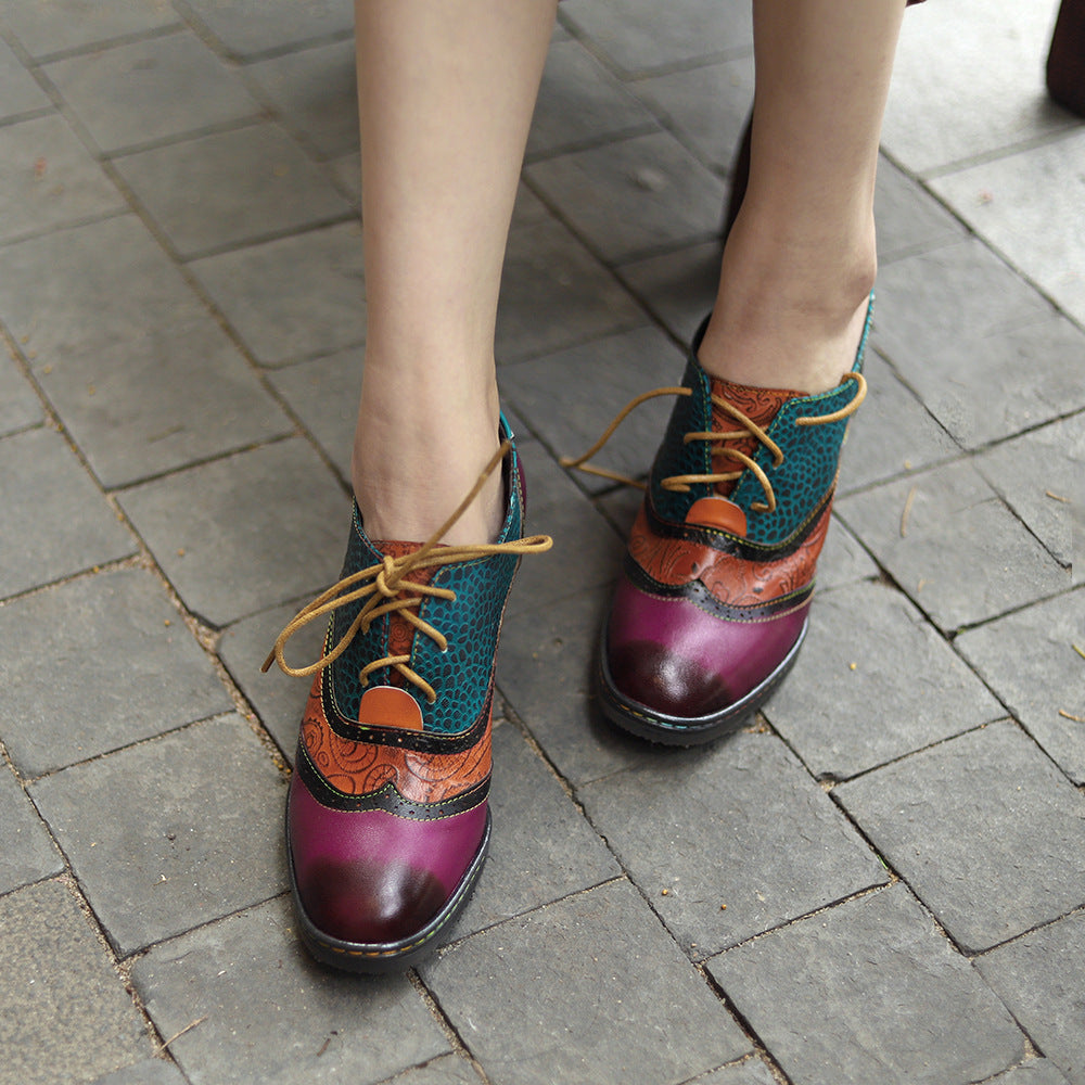 Women's Vintage Patchwork Sheepskin Oxford Pumps Square Toe Lace Up Chunky Heel Shoes