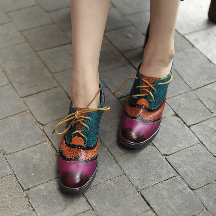 Women's Vintage Patchwork Sheepskin Oxford Pumps Square Toe Lace Up Chunky Heel Shoes