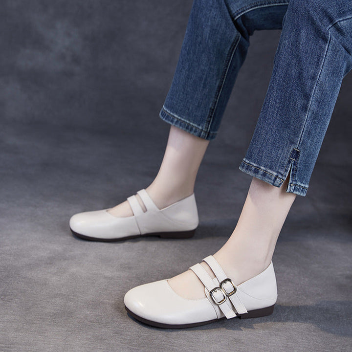 Rounded Toe Comfort Leather Flat Double Strap Mary Jane Women's Shoes
