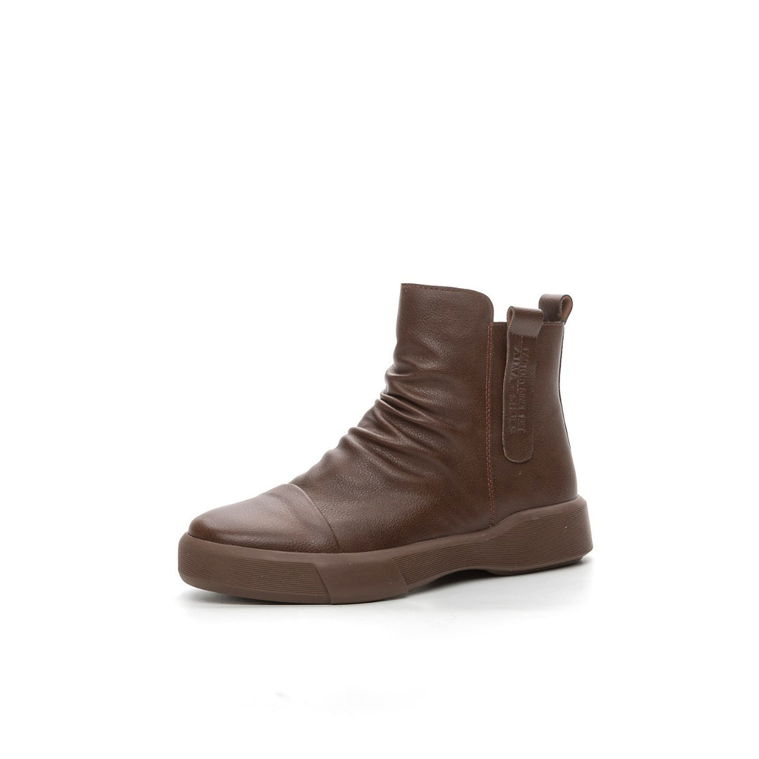 Comfortable Women's Flat Leather Boots – Casual Ruched Ankle Style