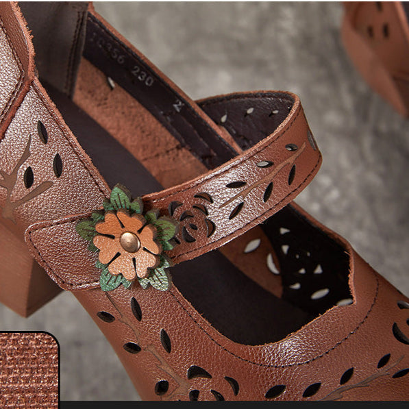 Women's Shoes Retro Summer Leather Sandals Hollowed Out Chunky Heeled