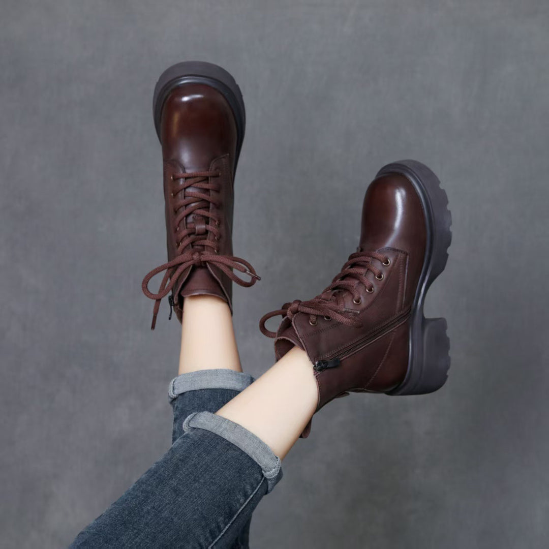 Women's Top-Grain Leather Ankle Boots Chunky Platform Block Heel Combat Booties