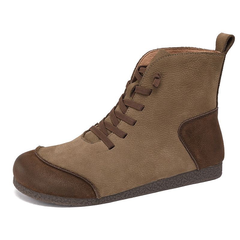 Women's Leather Contrast Panel Ankle Boots - Round-Toe Lace-Up Design