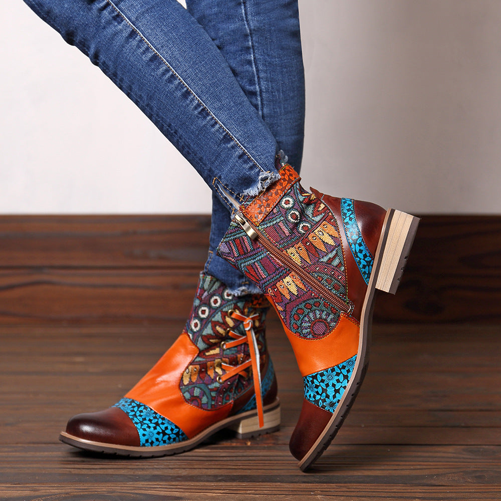 Women's Printed Leather Jacquard Ankle Boots Zipper Non-slip Low Boots