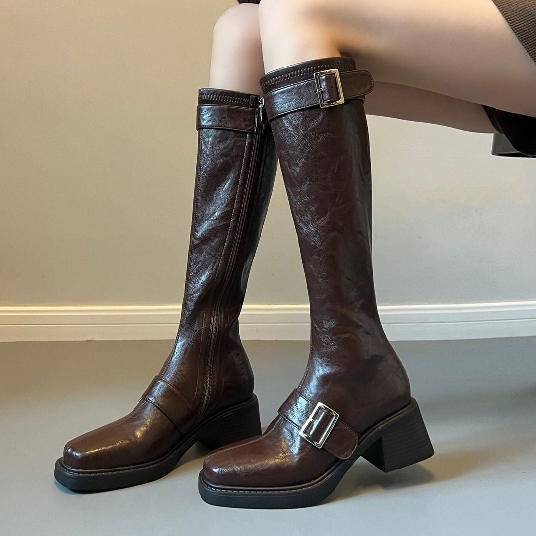 Women's Vintage Knee High Zipper Boots - Square Toe Buckle Strap Chunky Block Heel Riding Boots